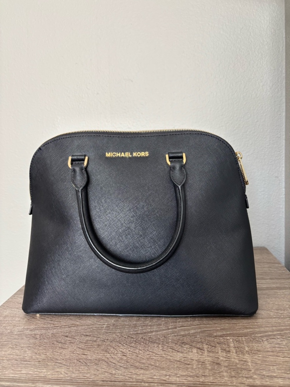 Michael Kors Cindy Large Dome Satchel Black Saffiano Leather Gold Hardware